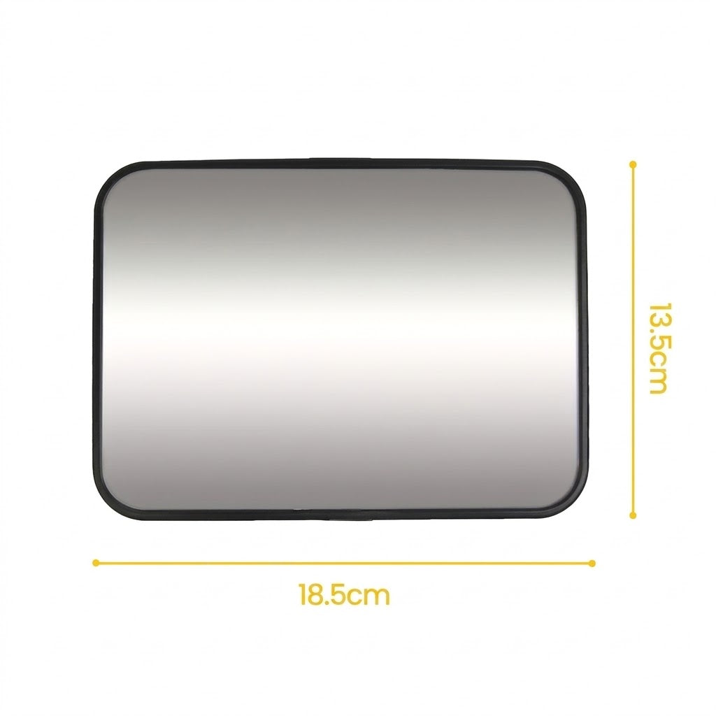 A rectangular car mirror with rounded corners and a black frame, shown on a white background with yellow dimension lines indicating 18.5cm width and 13.