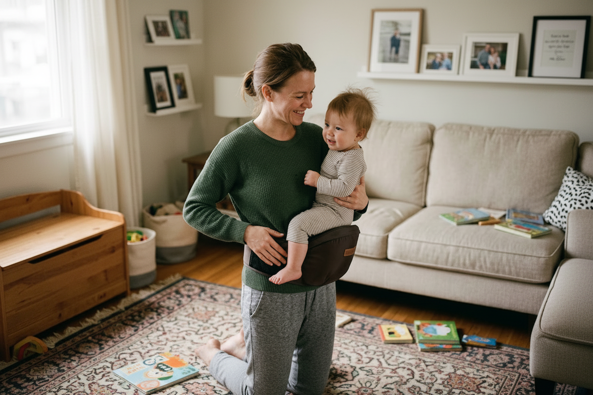Happy mom with Baby Blossom hip seat
